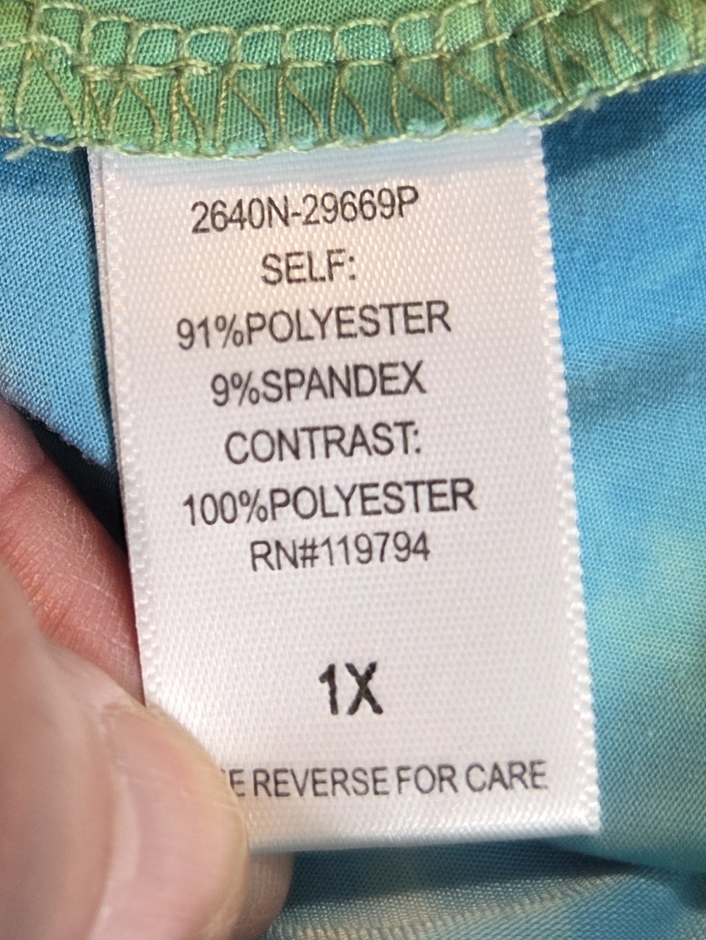 One World Green Blue White Flutter Sleeve Handkerchief Hemline Lined Blouse 1X - Picture 10 of 12